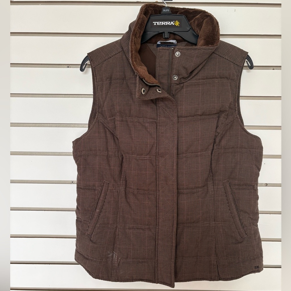 Tommy Hilfiger Brown Plaid Quilted Barn Vest Size Large
